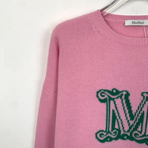 MaxMara Pink Crewneck Knit Sweater With Green Embroidered "M" Logo - Picture 3 of 7